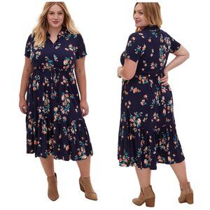 Torrid Floral Green Midi Challis Button Front Shirt Dress